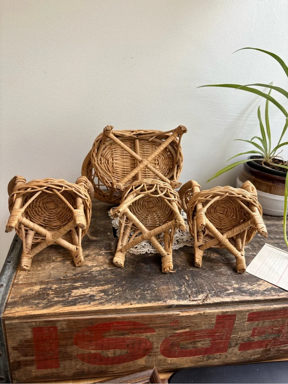 Vintage miniature Natural Rattan Wicker chair and sofa set loveseat